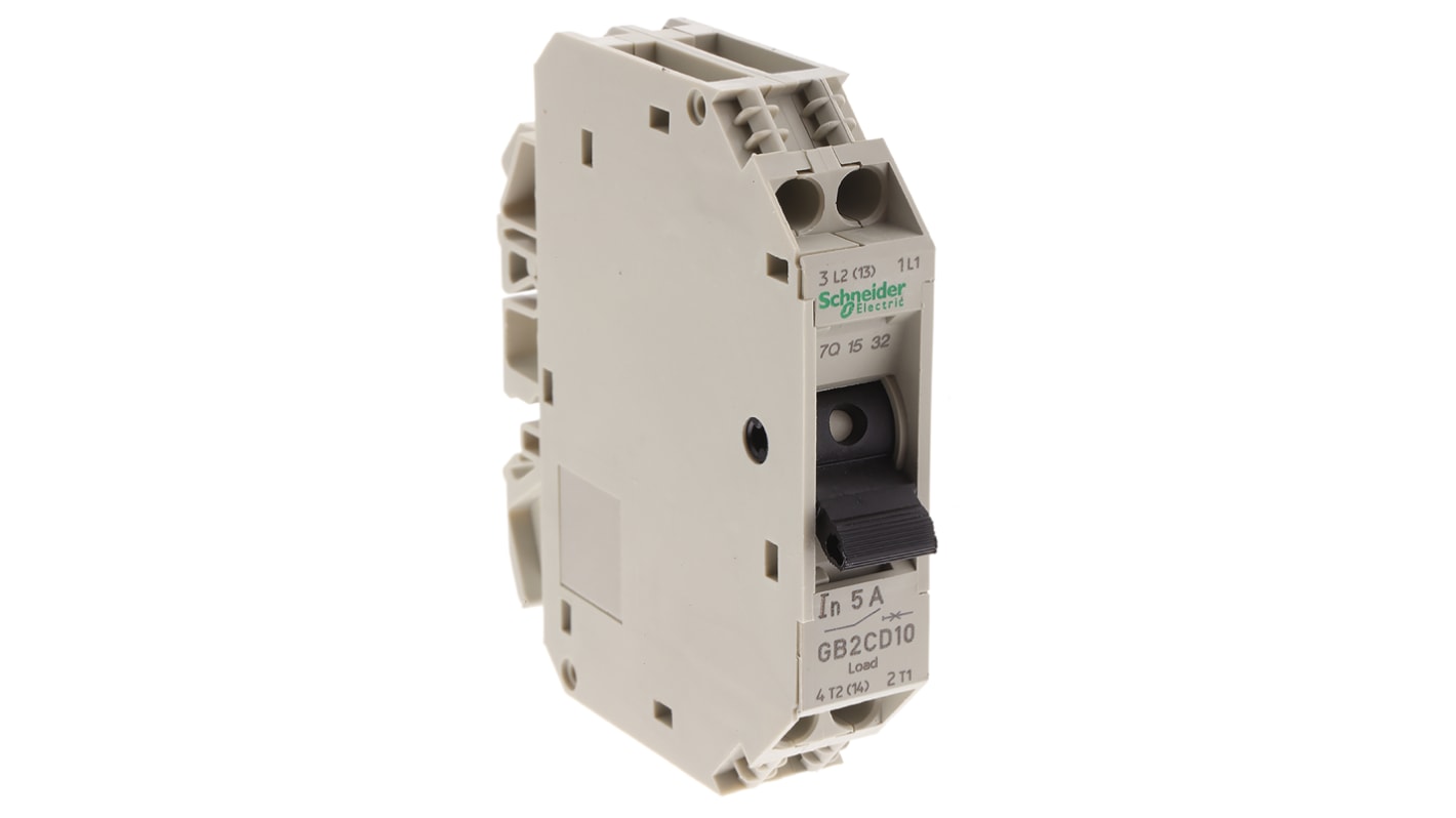 Interruttore termico Schneider Electric GB2, 1P + N, 5A, montaggio su guida DIN, dimensioni 74 x 15 x 82 mm.