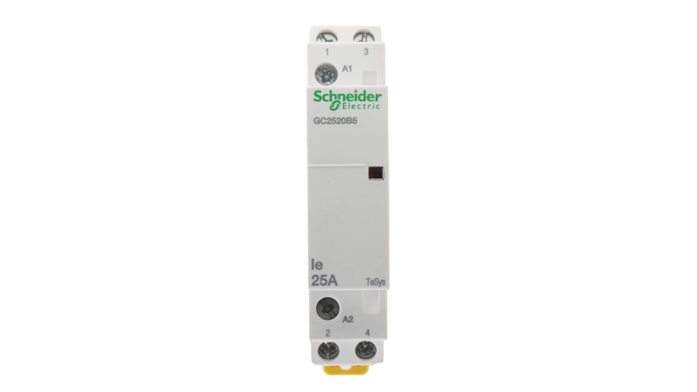 Contattore miniaturizzato Schneider Electric GC2520B5, 2P 25A 24V CA per applicazioni monofase e trifase. Sicuro, compatto e facile da installare.
