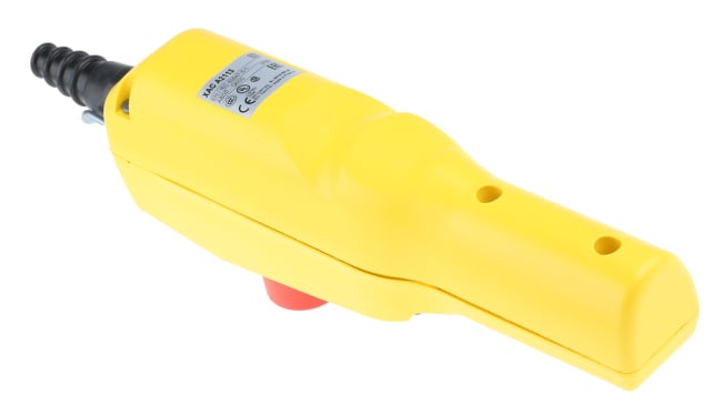 Stazione pensile a pulsante DPDT Schneider Electric XACA2113, custodia gialla, protezione IP65, operatività -25°C/+70°C, tre pulsanti direzionali e E-Stop.