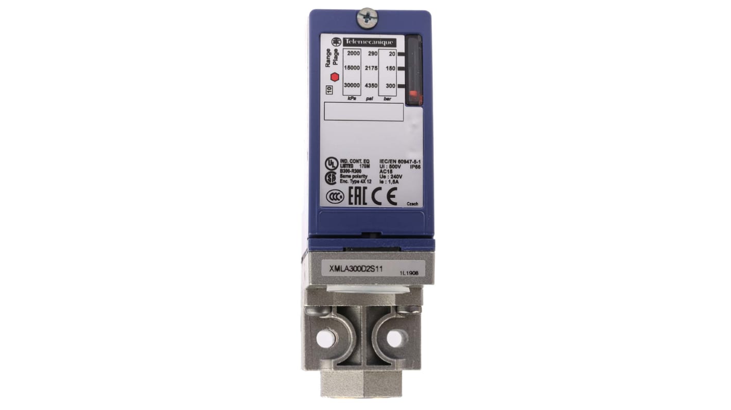 Sensore di pressione differenziale Telemecanique Sensors XMLA300D2S11, max 300 bar, uscita relè, IP66, temperatura -25/+70 °C.