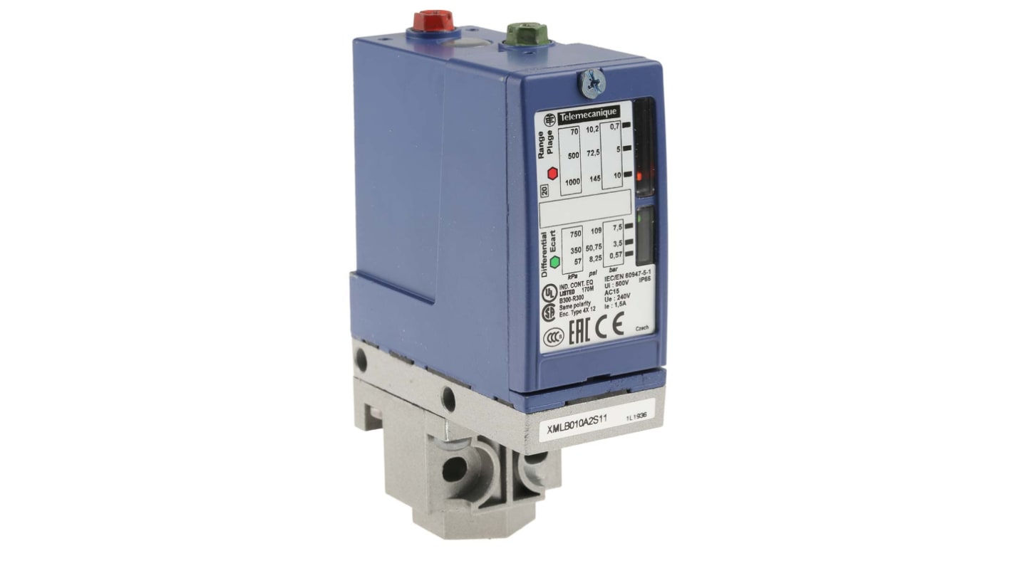 Sensore di pressione differenziale Telemecanique Sensors XMLB010A2S11, 10 bar, uscita relè, IP66, per fluidi fino a 70 °C.
