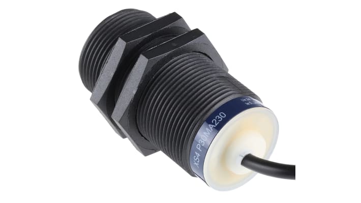 Telemecanique Sensors XS4P30MA230, sensore induttivo cilindrico M30, rilevamento 15 mm, IP68, alimentazione 20-264 V. Dimensioni 62 mm x 30 mm.