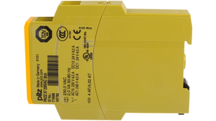 Relè di sicurezza Pilz PNOZ X7, 230V, 1 canale, 2 contatti N/O, montaggio su guida DIN, dimensioni 87mm x 22.5mm x 121mm.