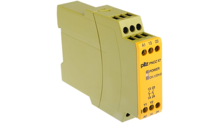 Relè di sicurezza Pilz PNOZ X7, 24V, 1 canale, 2 contatti N/O, montaggio su guida DIN, larghezza 22.5mm.