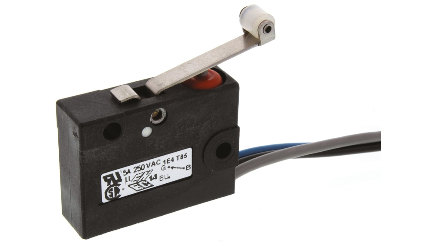 Microinterruttore SPDT pre-cablato Saia-Burgess V3SYR1-UL, grado di protezione IP67, attuatore a leva a rullo, cavi 500 mm.