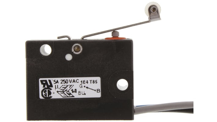 Microinterruttore SPDT pre-cablato Saia-Burgess V3SYR1-UL, grado di protezione IP67, attuatore a leva a rullo, cavi 500 mm.