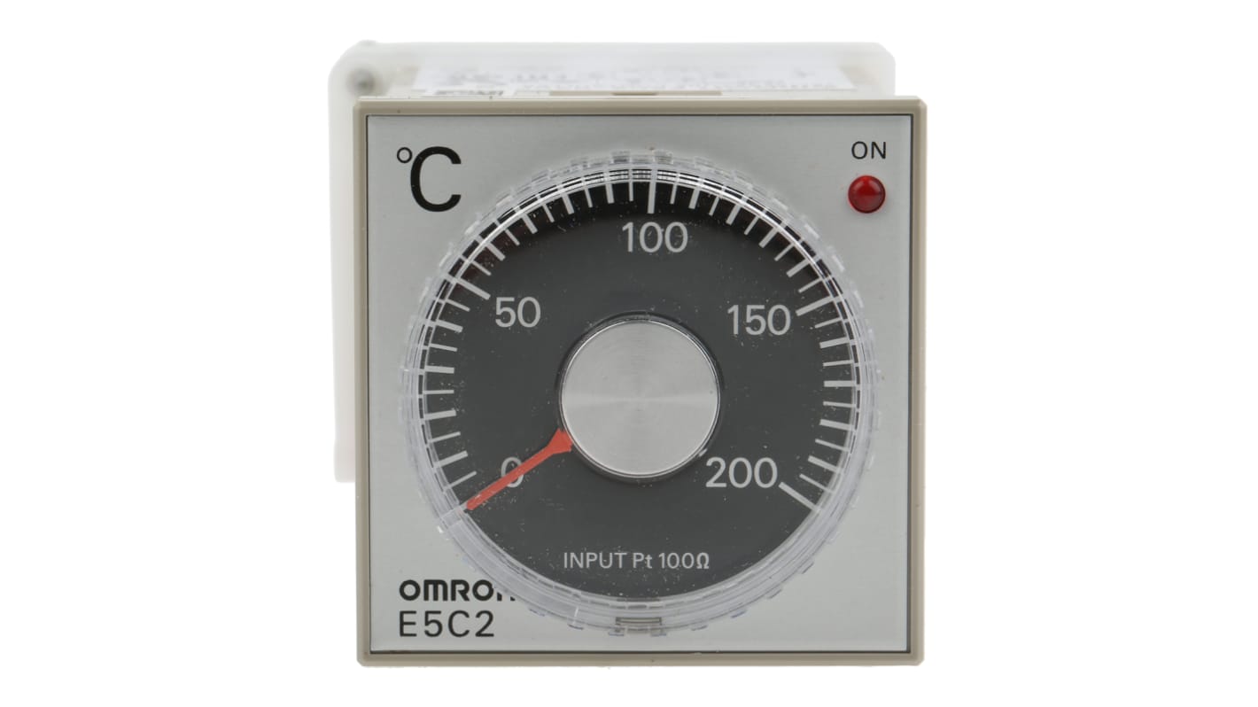 Regolatore di temperatura On/Off Omron E5C2-R20P-D, alimentazione 100-240 V, montaggio a pannello, range 0-200 °C.