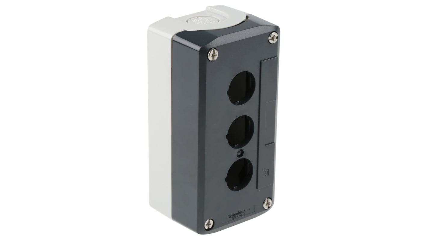 Contenitore stazione di controllo Schneider Electric XALD03 con 3 fori Ø 22mm IP69K per applicazioni industriali. Compatibile con Harmony XB5.