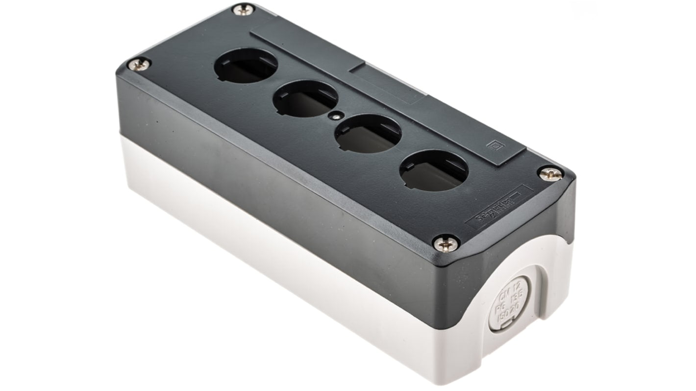 Schneider Electric XALD04: Contenitore Stazione di Controllo Ø 22mm IP66/IP67/IP69K 166x68x53mm per applicazioni industriali.