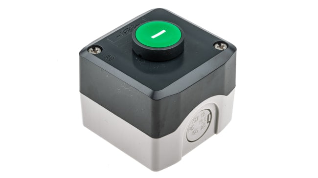 Schneider Electric XALD102, pulsantiera verde IP66/IP67/IP69K, attuazione a pulsante, dimensioni 68x68x53mm, corrente 10A.