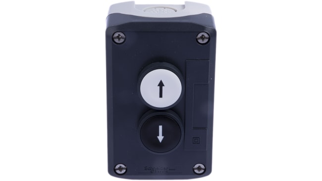 Schneider Electric XALD222, pulsantiera IP66/IP67/IP69K, 2-3 pulsanti, 10A, 600V, dimensioni 74x68x62mm, materiale policarbonato.