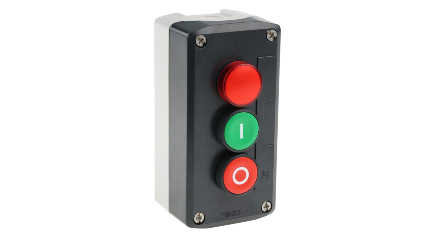 Scatola pulsante Schneider Electric XALD363G, grado di protezione IP66/IP67/IP69K, attuazione a molla, dimensioni 104x68x64 mm.