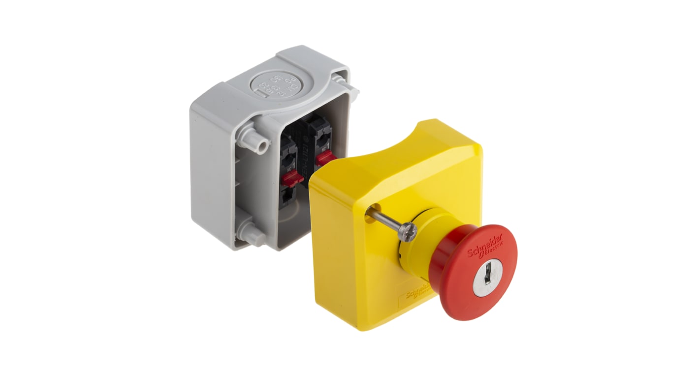 Pulsante di arresto di emergenza Schneider Electric Harmony XALK, montaggio superficiale, grado di protezione IP65/IP67/IP69K, dimensioni 68x68x53 mm.