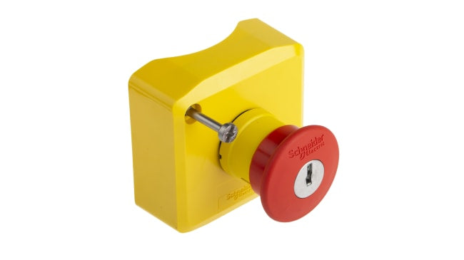 Pulsante di arresto di emergenza Schneider Electric Harmony XALK, montaggio superficiale, grado di protezione IP65/IP67/IP69K, dimensioni 68x68x53 mm.