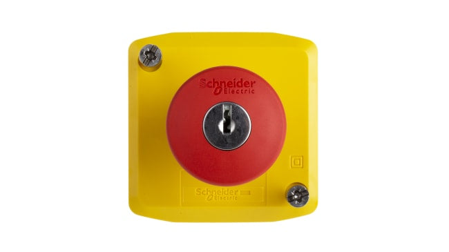 Pulsante di arresto di emergenza Schneider Electric Harmony XALK, montaggio superficiale, grado di protezione IP65/IP67/IP69K, dimensioni 68x68x53 mm.