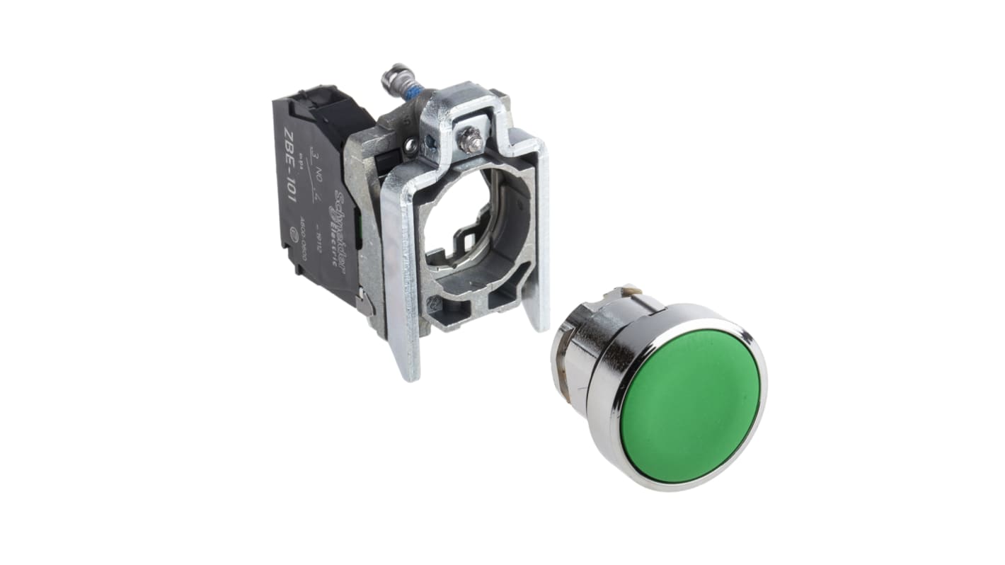 Pulsante SPST verde Schneider Electric XB4BA31, montaggio a pannello, diametro 22 mm, protezione IP66/IP67/IP69K.