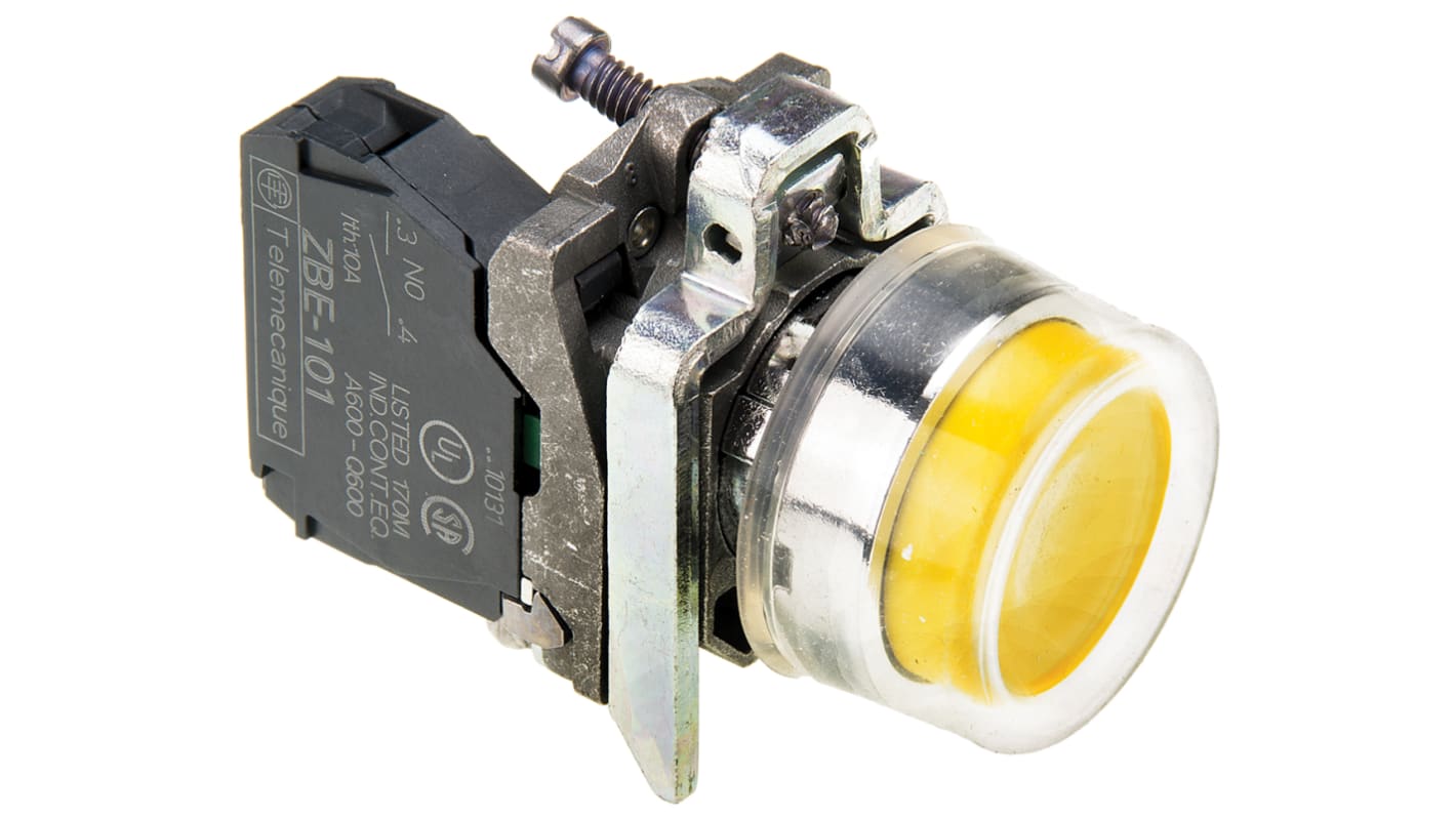 Pulsante SPST Schneider Electric XB4BP51, montaggio a pannello, diametro 22 mm, colore giallo, grado di protezione IP66/IP67.