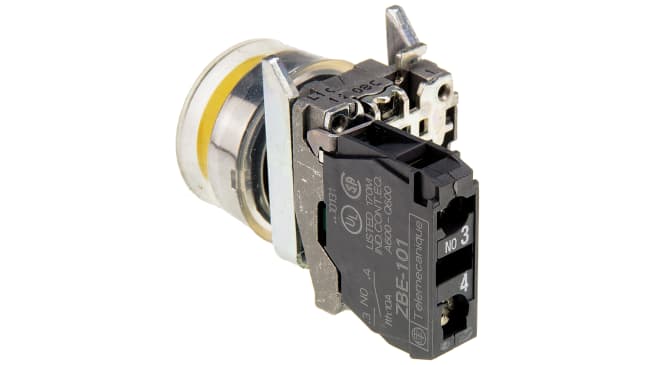 Pulsante SPST Schneider Electric XB4BP51, montaggio a pannello, diametro 22 mm, colore giallo, grado di protezione IP66/IP67.