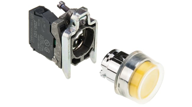 Pulsante SPST Schneider Electric XB4BP51, montaggio a pannello, diametro 22 mm, colore giallo, grado di protezione IP66/IP67.