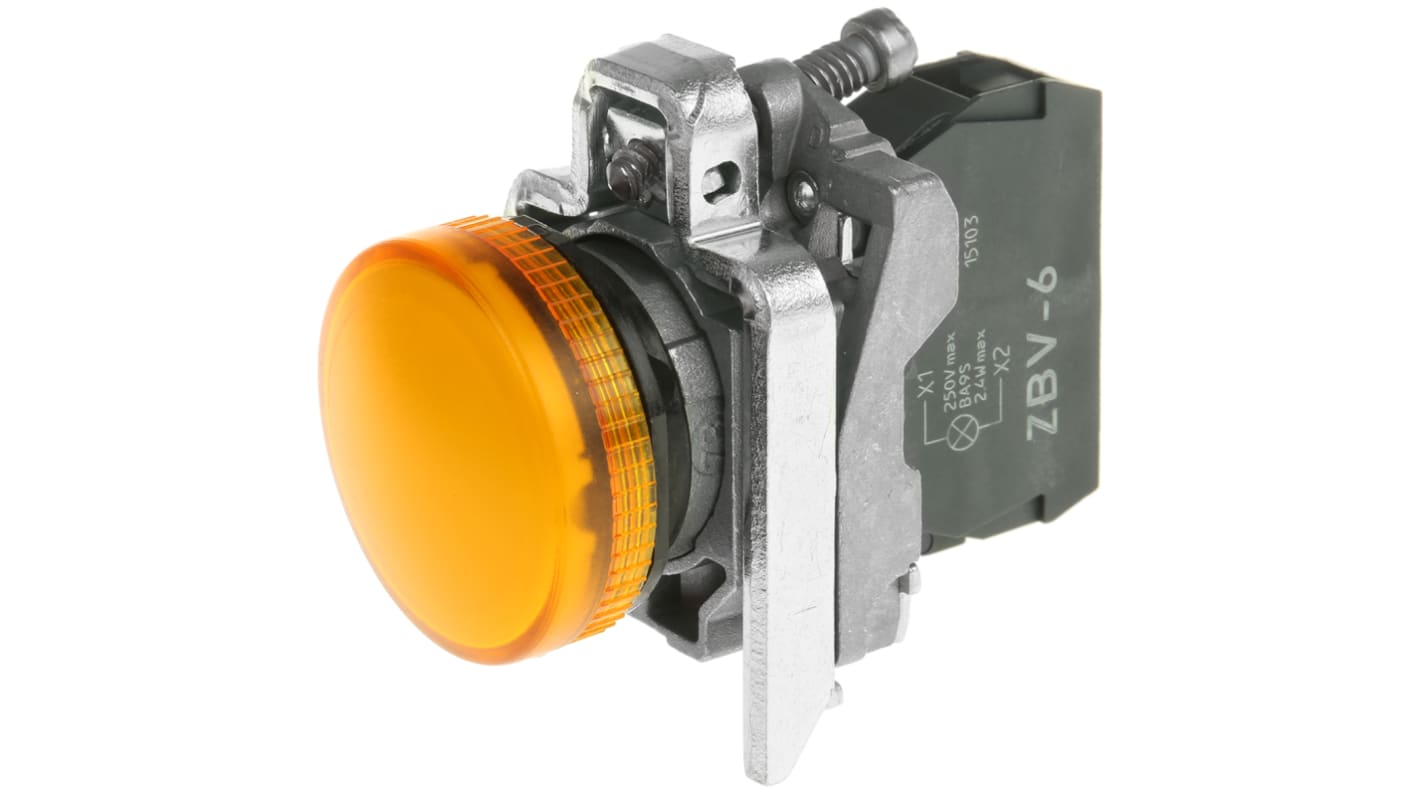 Spia LED arancione Schneider Electric XB4BV65, montaggio a pannello 22mm, corpo metallico, protezione IP66, temperatura -40 a 70°C.