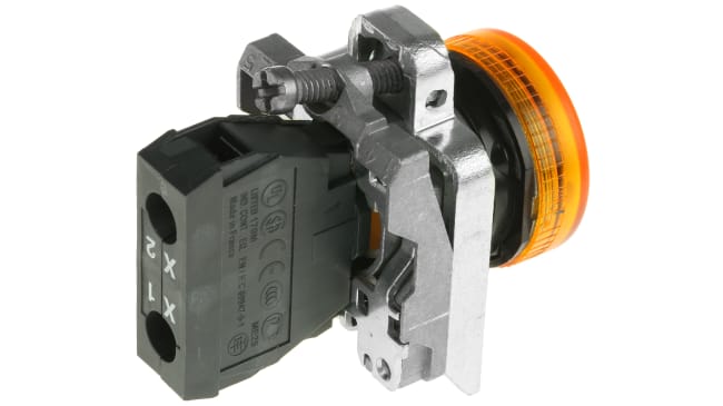 Spia LED arancione Schneider Electric XB4BV65, montaggio a pannello 22mm, corpo metallico, protezione IP66, temperatura -40 a 70°C.
