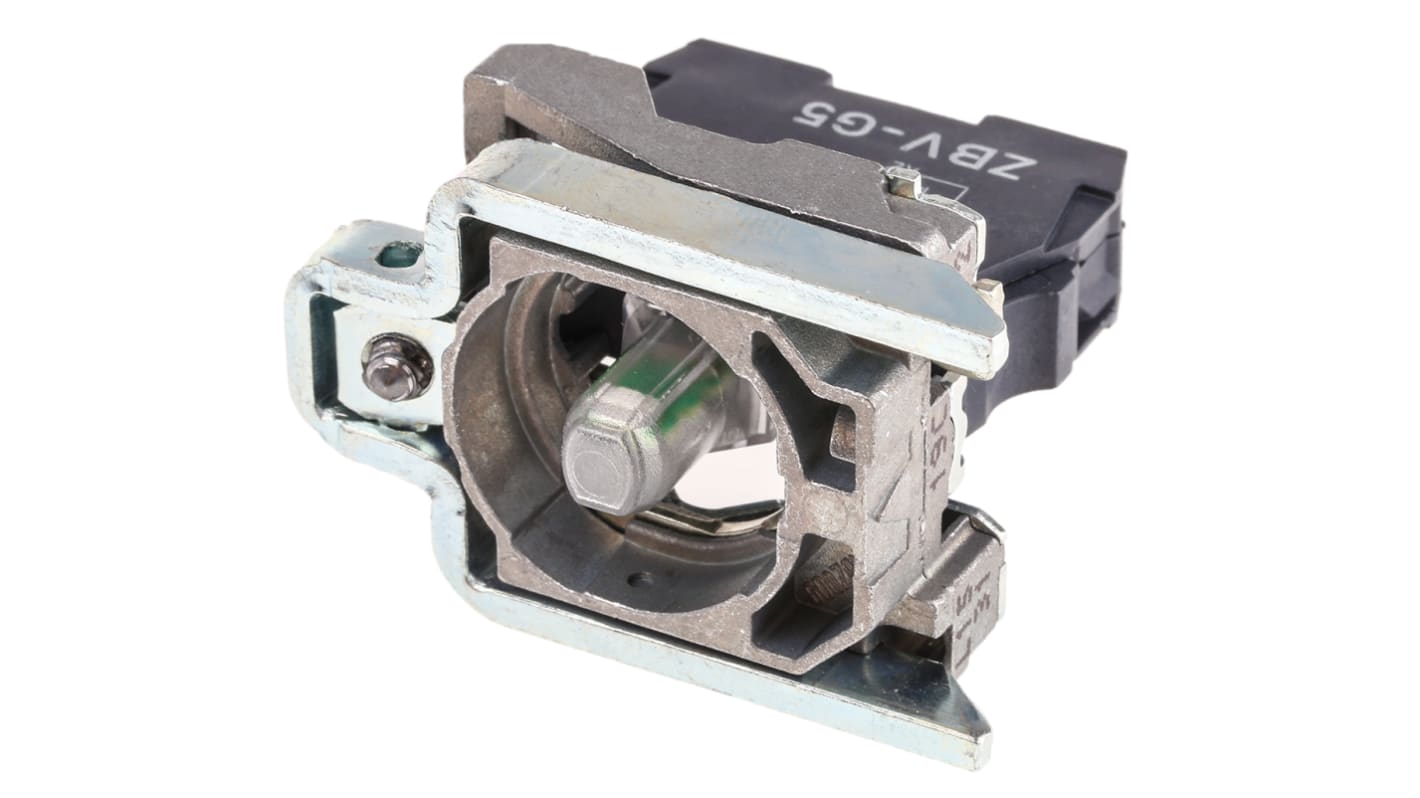 Blocco contatti luminoso Schneider Electric ZB4BVG5, tensione 110-120V, illuminazione LED, supporto incluso.