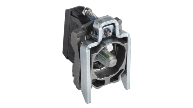Interruttore a pulsante Schneider Electric ZB4BVM3, tensione 230-240V, LED integrato, montaggio con collare di fissaggio.