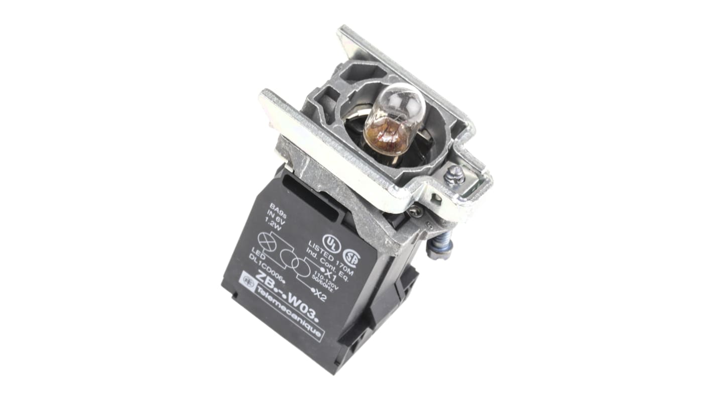Blocco contatti Schneider Electric ZB4BW035, 1NO 1NC, 10 A, 110-120 V c.a., con illuminazione LED verde.