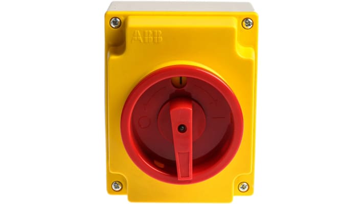 Interruttore di isolamento ABB S37K5N, 3 poli, IP65, 25 A, contenitore ignifugo, dimensioni 100x107x125 mm, maniglia rossa/gialla.