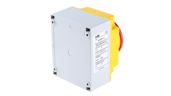 Interruttore di isolamento ABB S315KN-A, 3 poli, IP65, 40A, con maniglia rosso/giallo, dimensioni 125x100x107mm.
