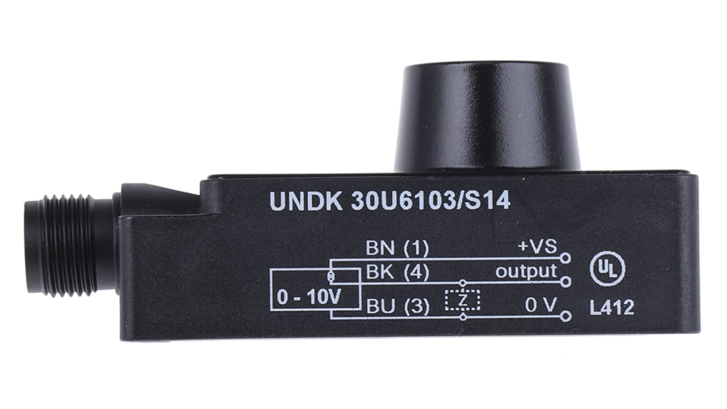 Baumer UNDK 30U6103/S14, sensore di prossimità parallelepipedo, rilevamento 100-1000 mm, alimentazione 15-30 V c.c., IP67. Dimensioni 65 x 30 x 31 mm.