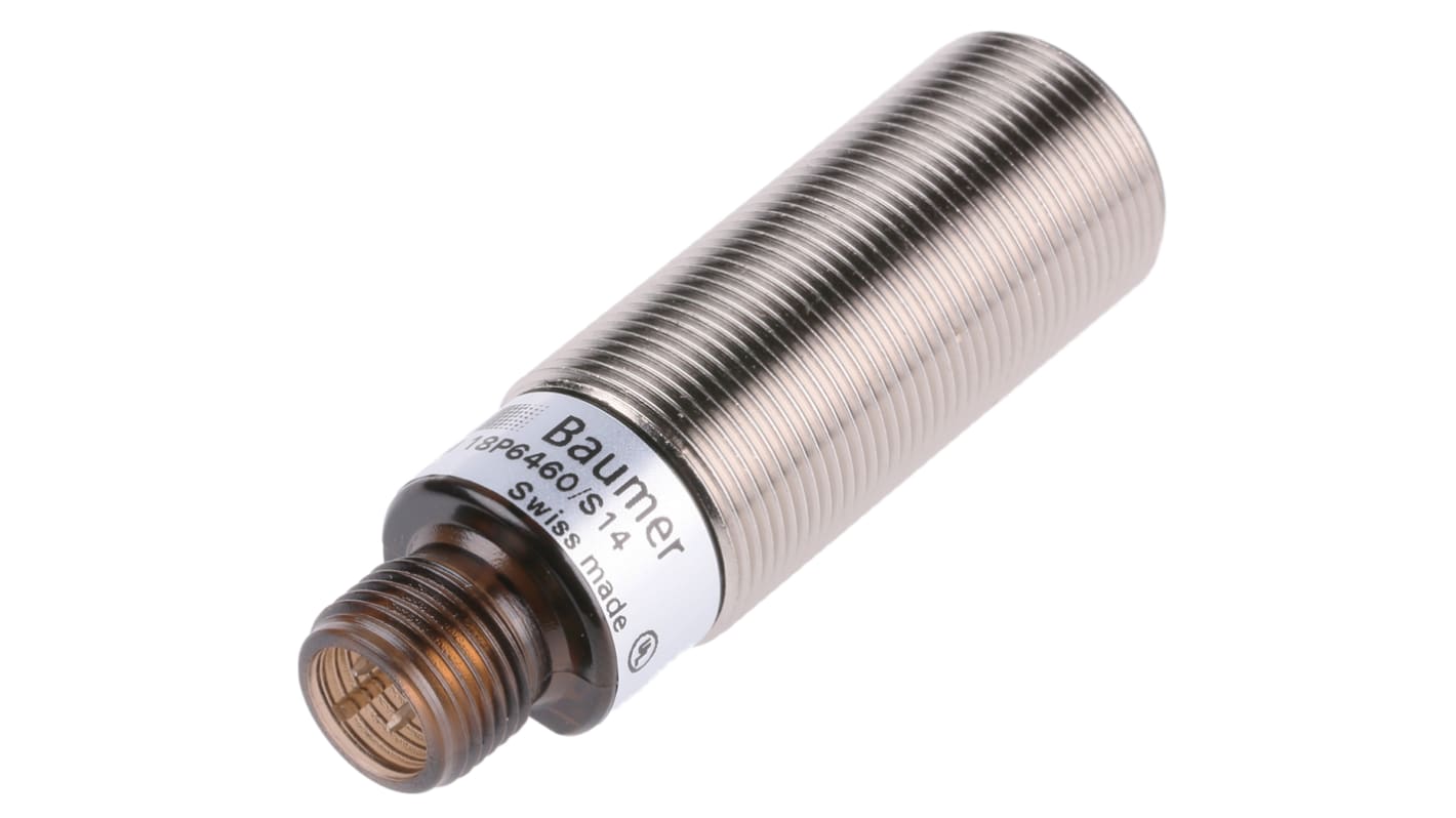 Sensore fotoelettrico cilindrico Baumer FZAM 18P6460/S14, rilevamento 60-430 mm, uscita PNP, IP67, M18 in ottone.