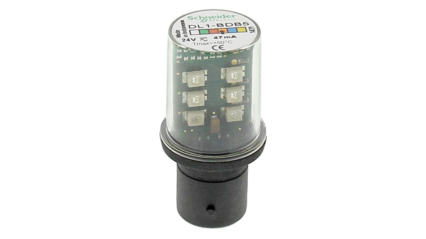 Lampadina LED ambra Schneider Electric DL1BDB5, 24 V, 80 mA, base BA15d, IP66, durata 100.000 ore, -25/+50 °C.