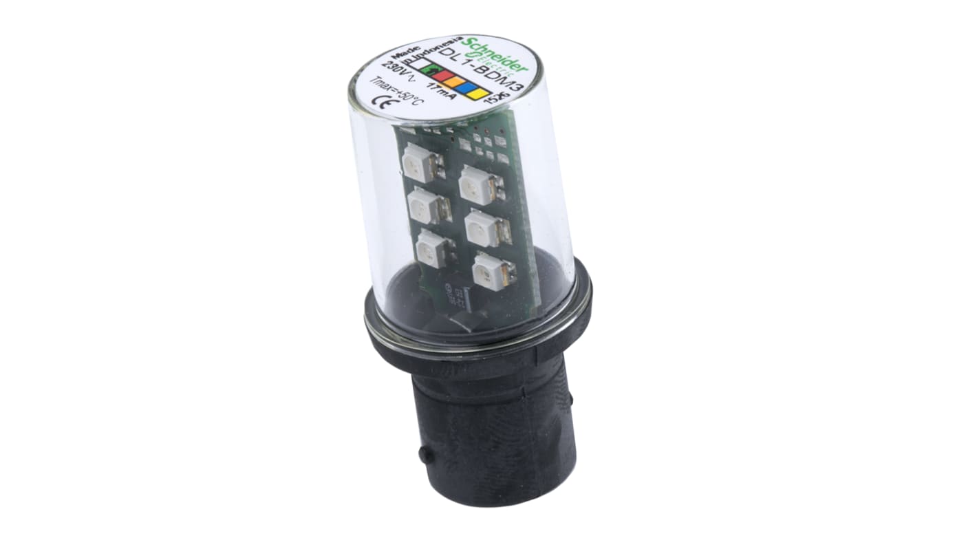 Lampadina LED verde Schneider Electric DL1BDM3 per segnalatori modulari, 230 V, IP66, durata 100000 ore. Base BA15d.
