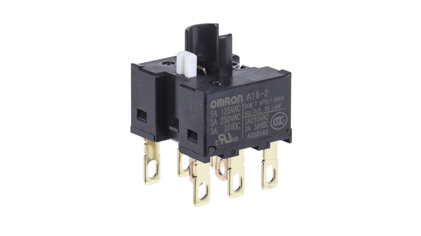 Blocco contatti pulsante Omron A162, 2CO, diametro foratura 16 mm, tensione 230 V c.a., tenuta IP65, assemblaggio modulare.