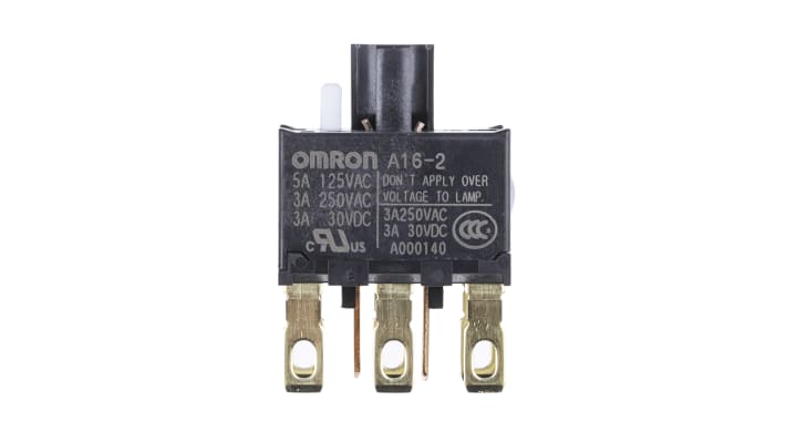 Blocco contatti pulsante Omron A162, 2CO, diametro foratura 16 mm, tensione 230 V c.a., tenuta IP65, assemblaggio modulare.