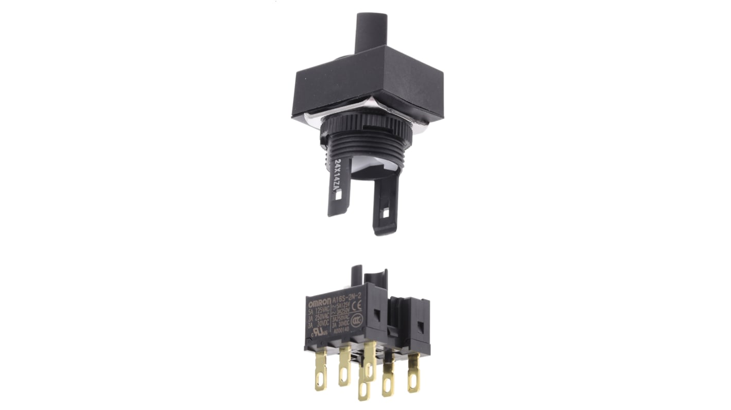 Selettore a 2 posizioni Omron A165SJ2M2, diametro 16 mm, contatti DPDT, montaggio a foro passante, tenuta IP65.