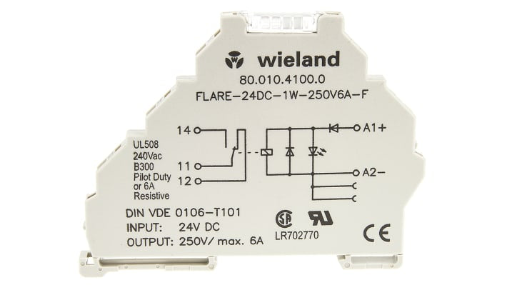 Wieland relè d'interfaccia 80.010.4100.0, modulo per guida DIN, 24V cc, contatti SPDT, dimensioni 70x6,2x98mm.