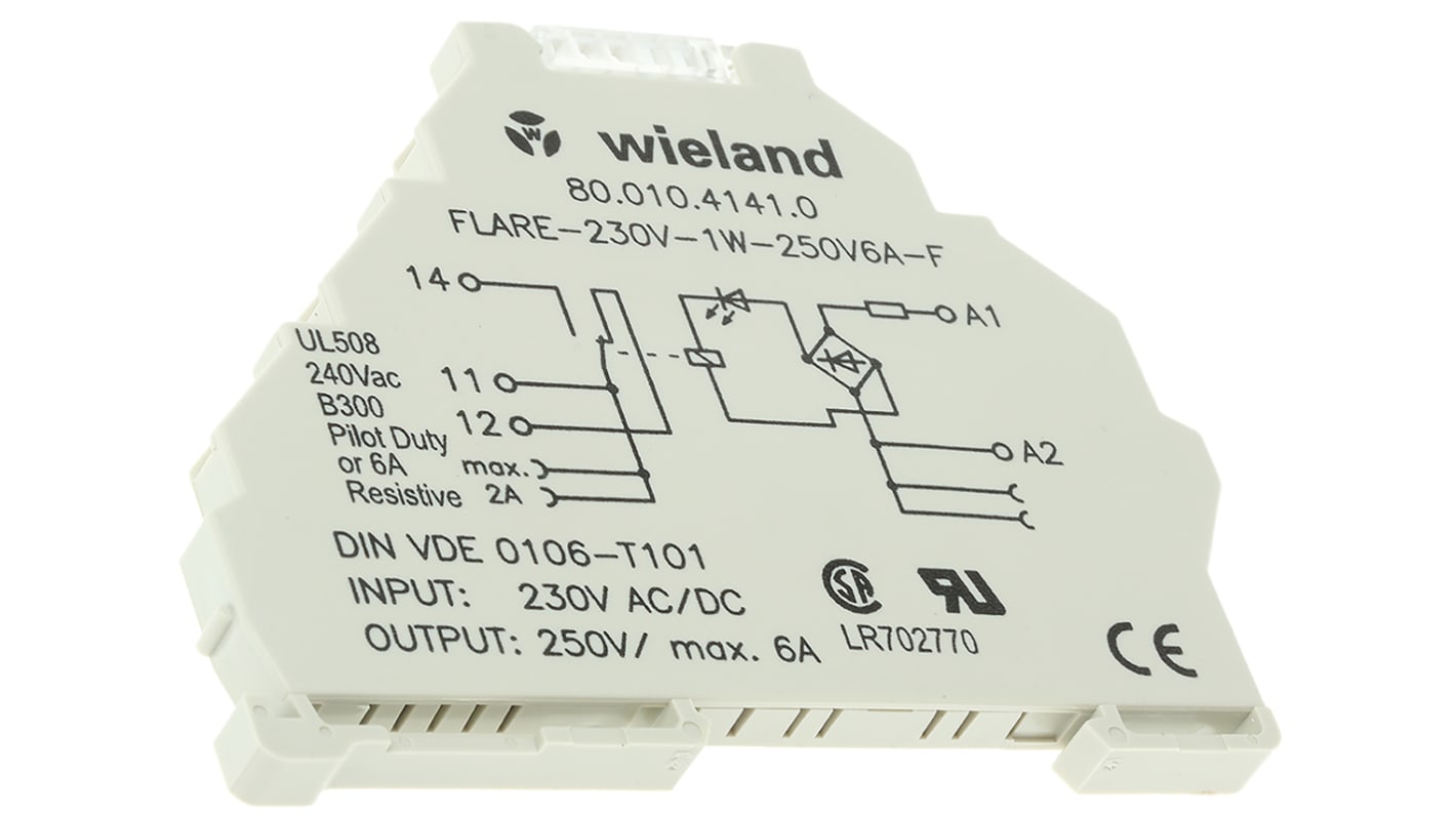 Relè d'interfaccia Wieland 80.010.4141.0, bobina 230V, contatti SPDT, montaggio su guida DIN, dimensioni 70x6,2x89mm.