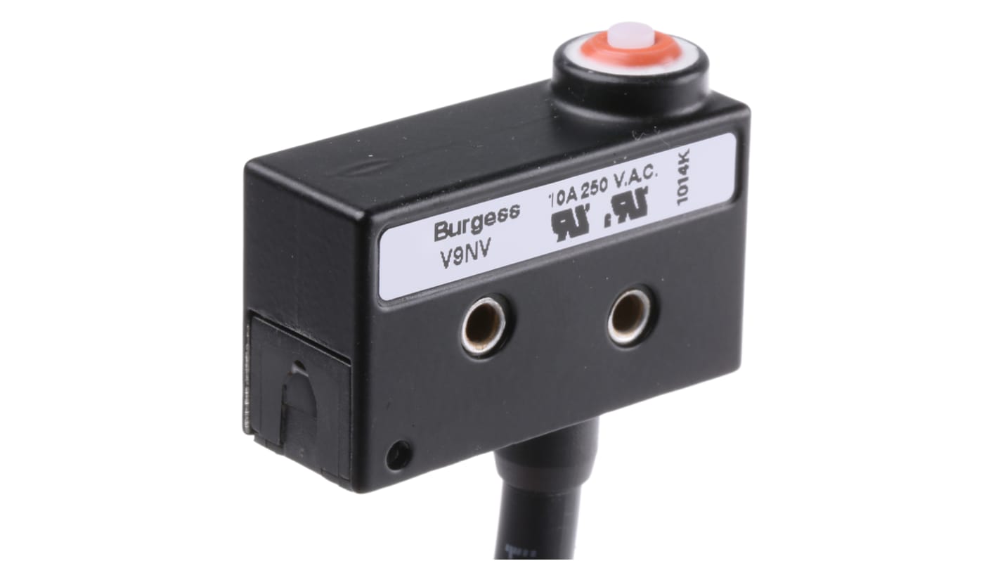 Microinterruttore SPDT pre-cablato Saia-Burgess, corpo metallico IP67, corrente 10 A a 250 V, dimensioni 21 mm x 29 mm x 53 mm.
