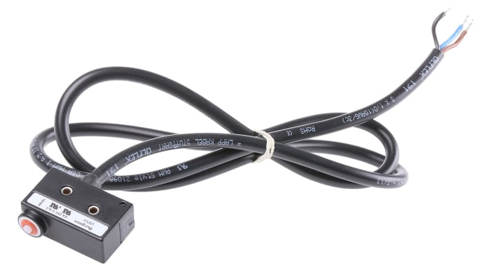 Microinterruttore SPDT pre-cablato Saia-Burgess, corpo metallico IP67, corrente 10 A a 250 V, dimensioni 21 mm x 29 mm x 53 mm.