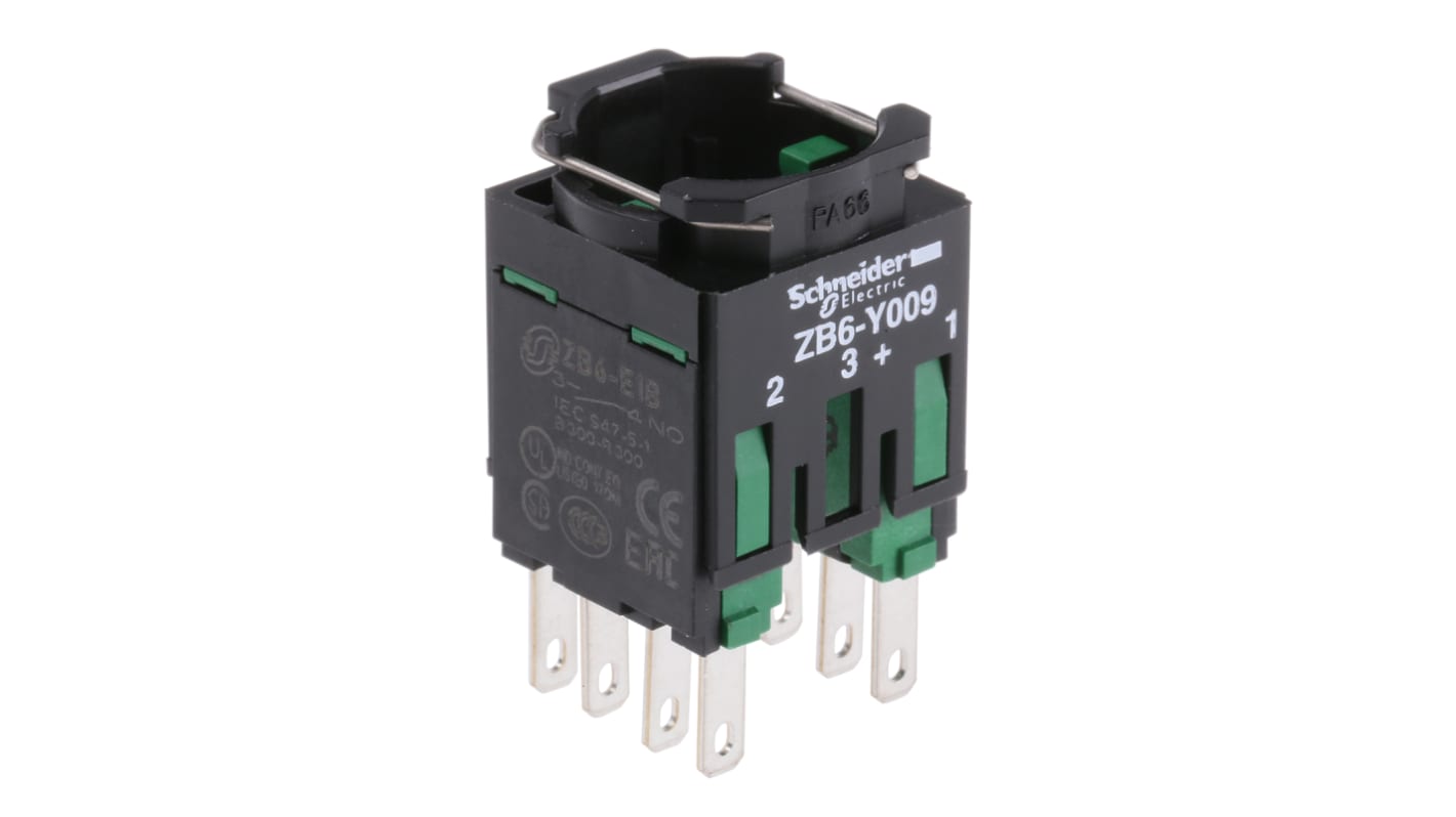 Blocco contatti Schneider Electric ZB6Z3B, 2 NA, montaggio su forature da 16 mm, grado di protezione IP65.
