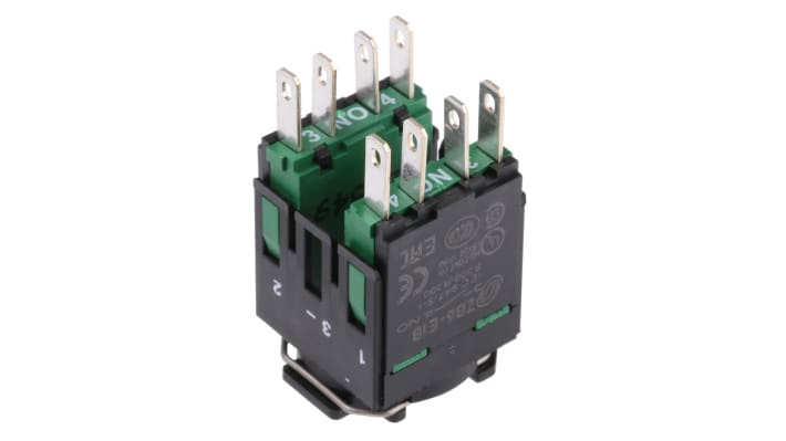Blocco contatti Schneider Electric ZB6Z3B, 2 NA, montaggio su forature da 16 mm, grado di protezione IP65.