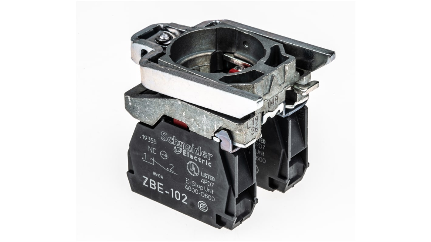 Blocco contatti Schneider Electric ZB4BZ104 SPDT 10A con terminali a vite 600V per pannelli di controllo e automazione.