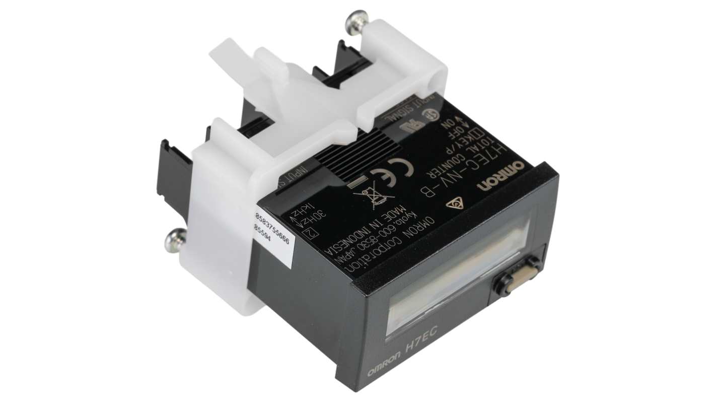 Omron H7EC-NV-B, contatore LCD 8 cifre, montaggio a pannello, dimensioni 24x48mm, protezione IP66, alimentazione a batteria.