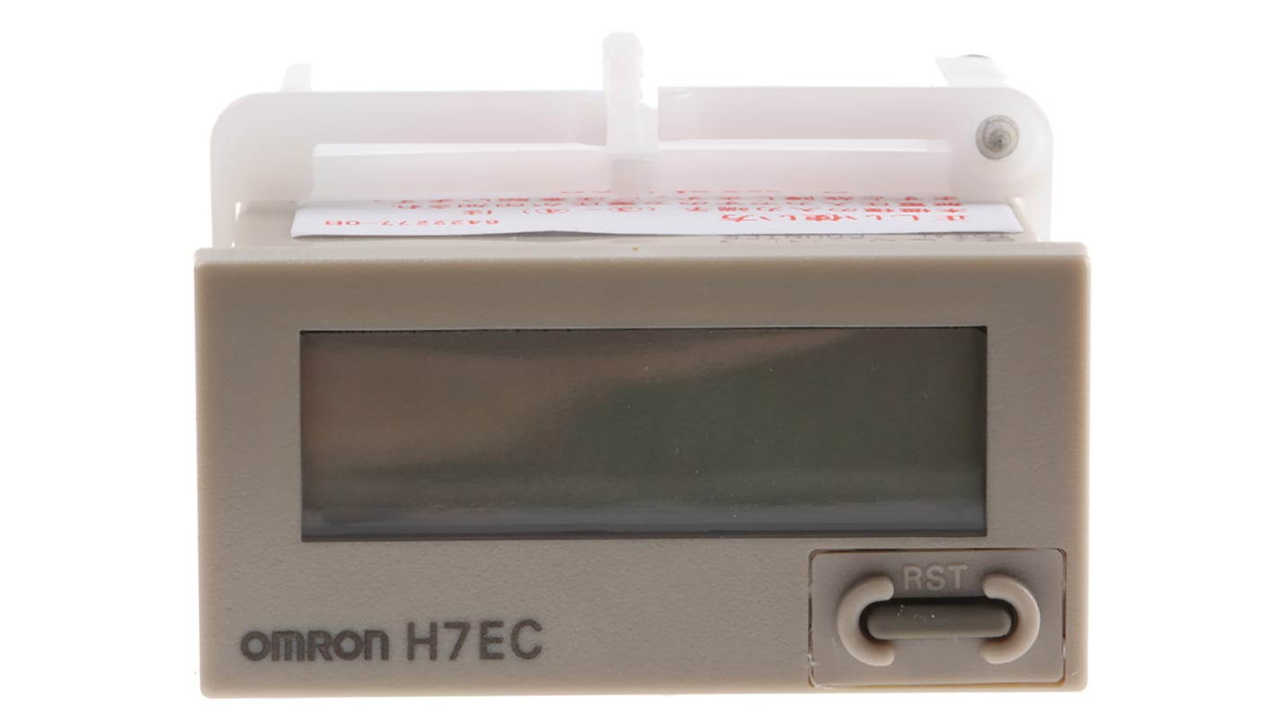 Contatore digitale Omron H7EC-NFV con display LCD 8 cifre, montaggio a pannello, alimentazione 24-240 V, grado di protezione IP66.