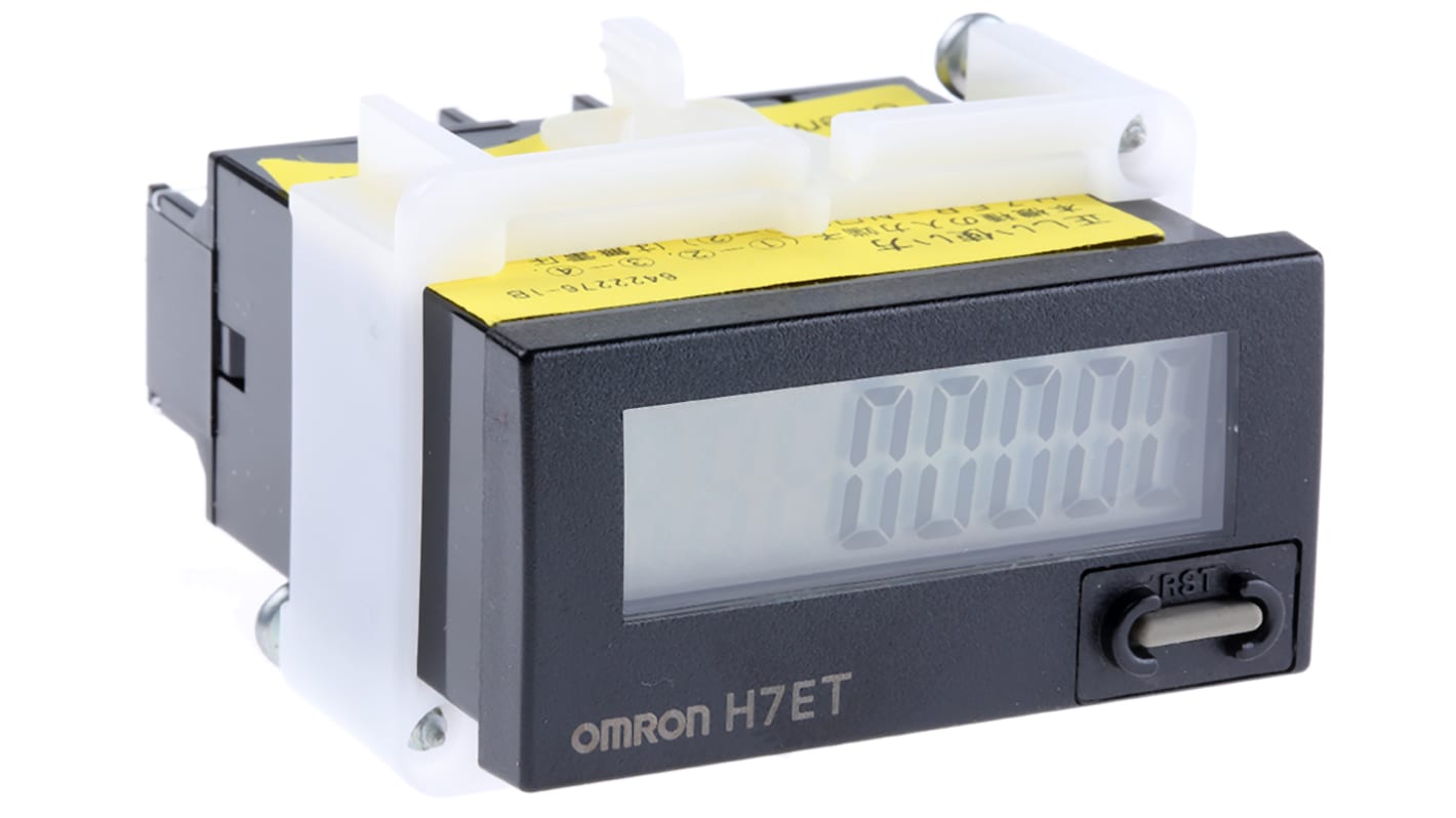 Contatore Omron H7ET-N1-B con display LCD 7 cifre, IP66, alimentazione a batteria, intervallo 0-999 h 59 m 59 s, montaggio a filo.