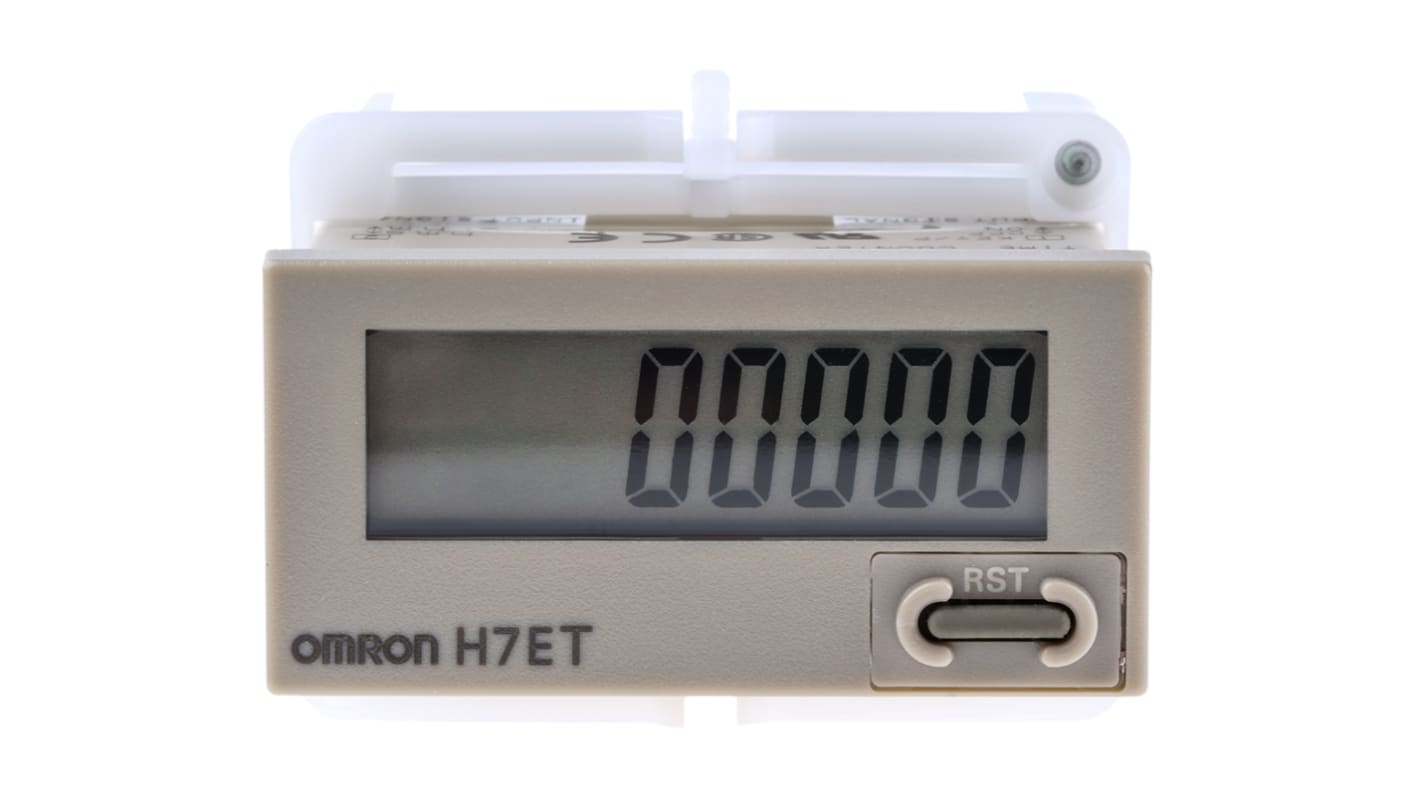 Contatore Omron H7ET-NFV1 con display LCD 7 cifre, alimentazione 24-240 V, grado di protezione IP66, montaggio a filo.