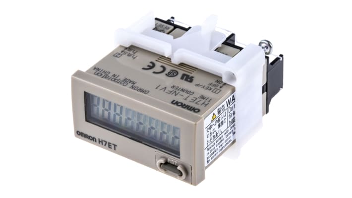 Contatore Omron H7ET-NFV1 con display LCD 7 cifre, alimentazione 24-240 V, grado di protezione IP66, montaggio a filo.