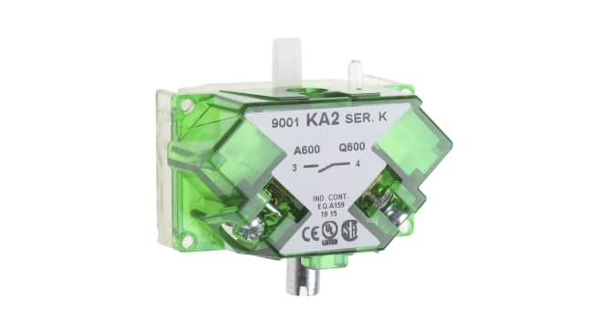 Blocco contatti Schneider Electric 9001KA2, tipo NO, con terminali a vite regolabili, grado di protezione IP 20.